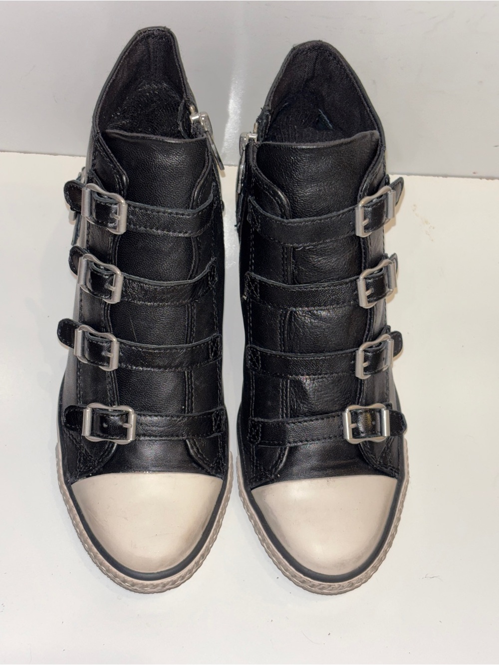 Women’s ASH - Black Leather Wedge Buckle Sneaker with White Toe